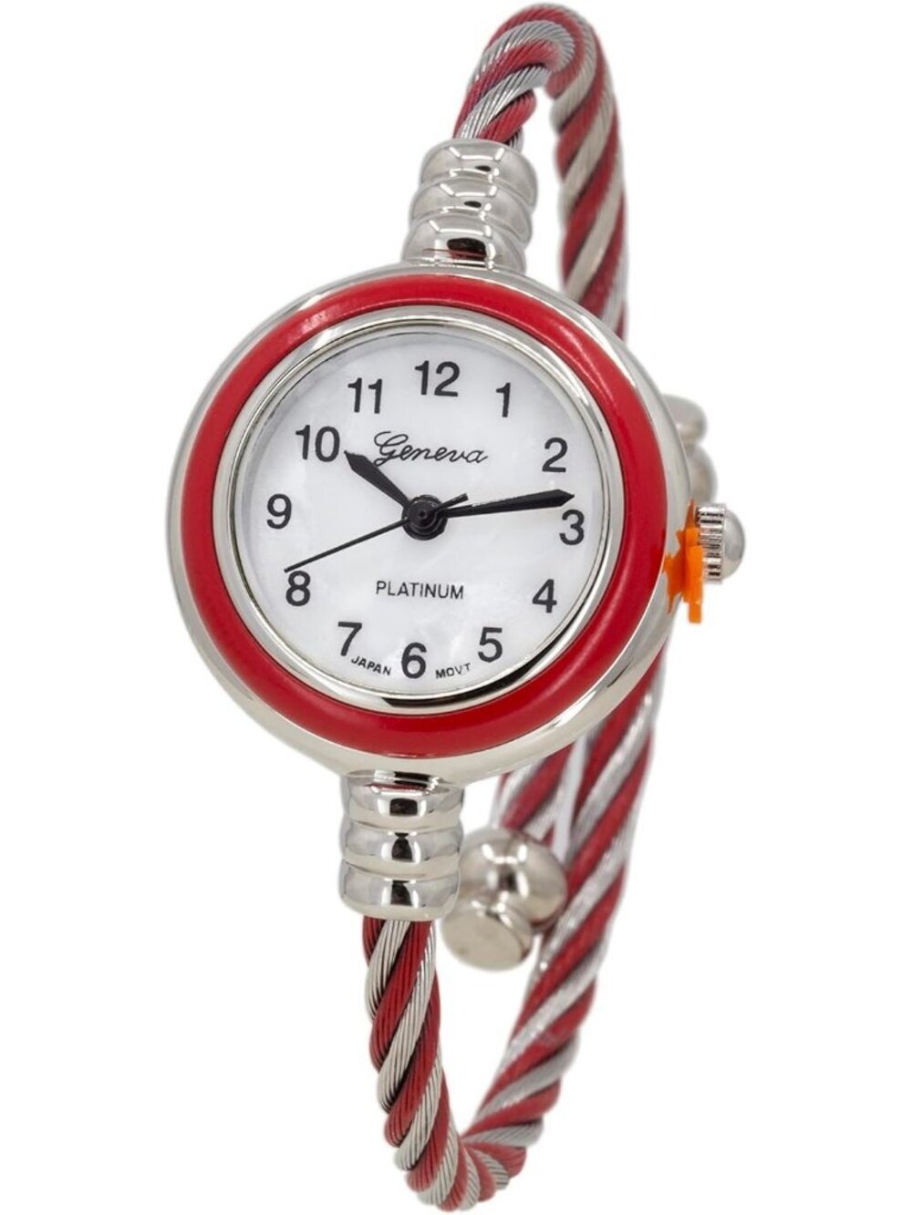Women's Silver Red Analog Quartz Elegant Cable Cuff Arabic Number Bracelet Watch